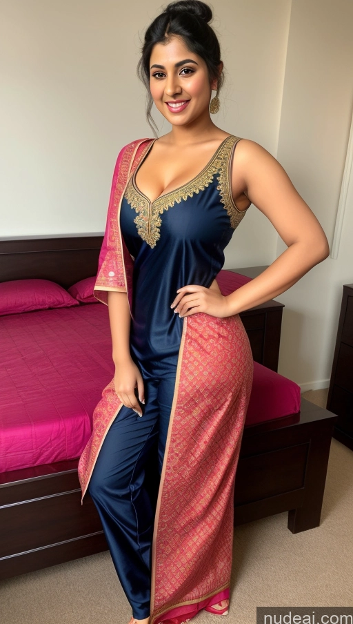 ai nude image of araffe woman in a blue and pink outfit posing for a picture pics of Busty Perfect Boobs Beautiful Big Ass Black Hair Bedroom Sexy Face Hair Bun Happy Front View 18 Salwar