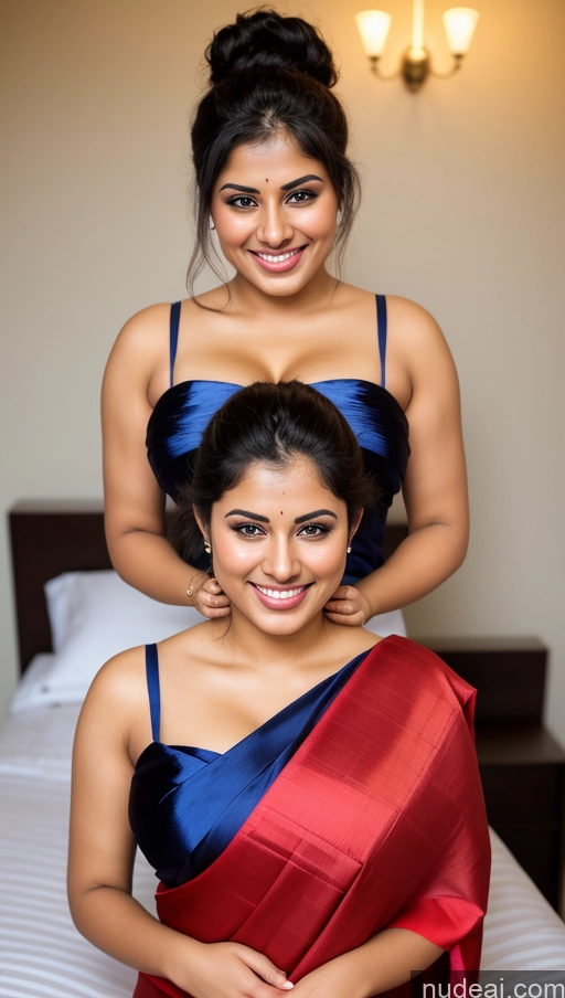 ai nude image of there are two women posing for a picture in a bedroom pics of Busty Perfect Boobs Beautiful Big Ass Black Hair Bedroom Sexy Face Hair Bun Happy Front View 18 Thick Sari Satin