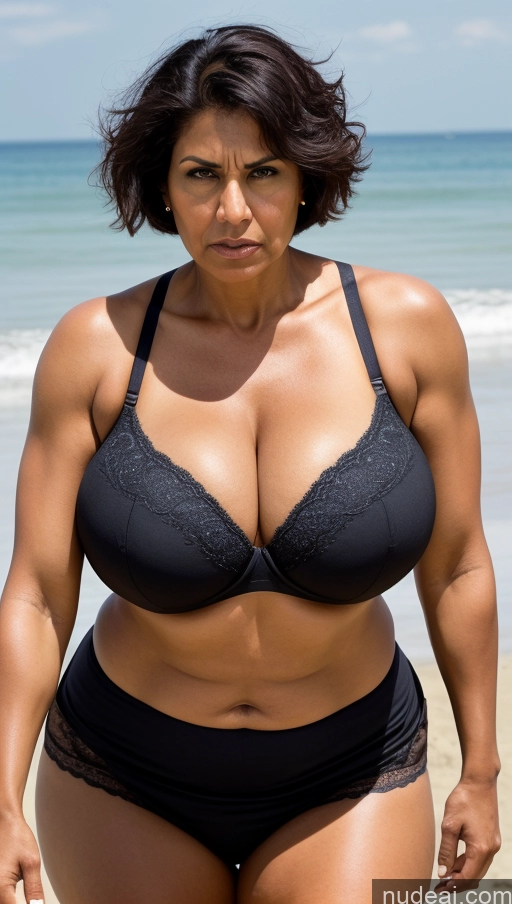 ai nude image of araffe woman in black bikini and black panties on the beach pics of Milf Busty Huge Boobs Beautiful Muscular Big Ass Abs Big Hips Tall Perfect Body Dark Skin 50s Pixie Indian Beach Front View T-pose Detailed Sexy Face Thick Black Hair Angry Bra Long Skirt