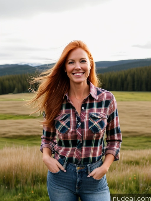 ai nude image of smiling woman in plaid shirt standing in field with mountains in background pics of Model One Perfect Boobs 40s Happy Ginger Long Hair Swedish Meadow Front View Jeans Lumberjack Shirt