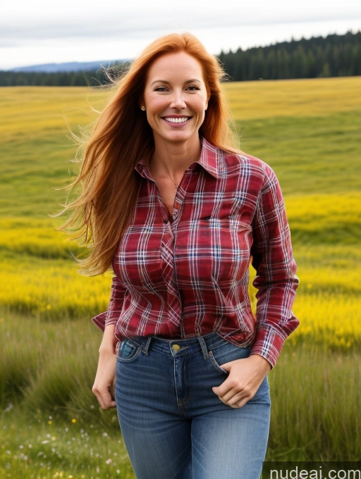 related ai porn images free for Model One Perfect Boobs 40s Happy Ginger Long Hair Swedish Meadow Front View Jeans Lumberjack Shirt