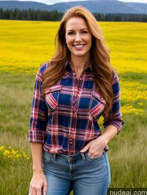 ai nude image of arafed woman in a plaid shirt and jeans standing in a field pics of Model One Perfect Boobs 40s Happy Ginger Long Hair Meadow Front View Jeans Lumberjack Shirt White Fairer Skin