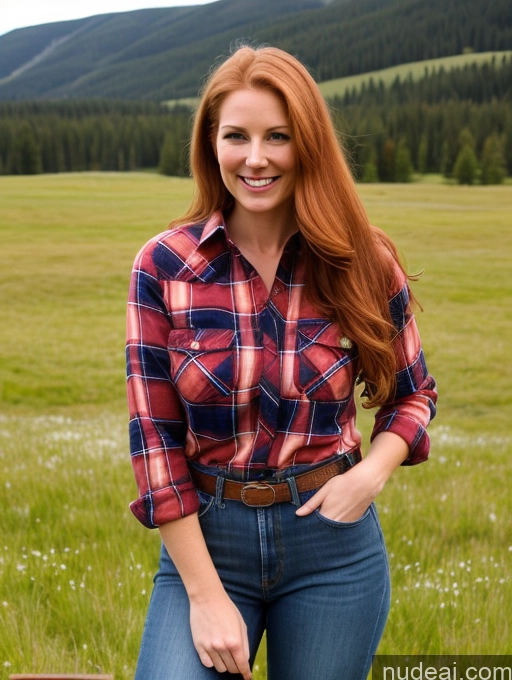 ai nude image of arafed woman in a plaid shirt and jeans standing in a field pics of Model One Perfect Boobs 40s Happy Ginger Long Hair Meadow Front View Jeans Lumberjack Shirt White Fairer Skin Western