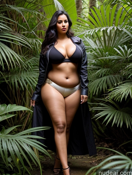 ai nude image of a woman in a black jacket and silver bikini posing in a jungle pics of Model Several Perfect Boobs Beautiful Big Ass Chubby Long Legs Perfect Body 30s Seductive Sexy Face Black Hair Long Hair Indian Bending Over Shirt Jacket Long Skirt Jungle