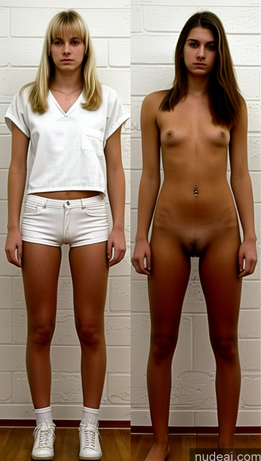 ai nude image of two women standing next to each other in front of a white brick wall pics of 18 70s Onoff Skinny Prison