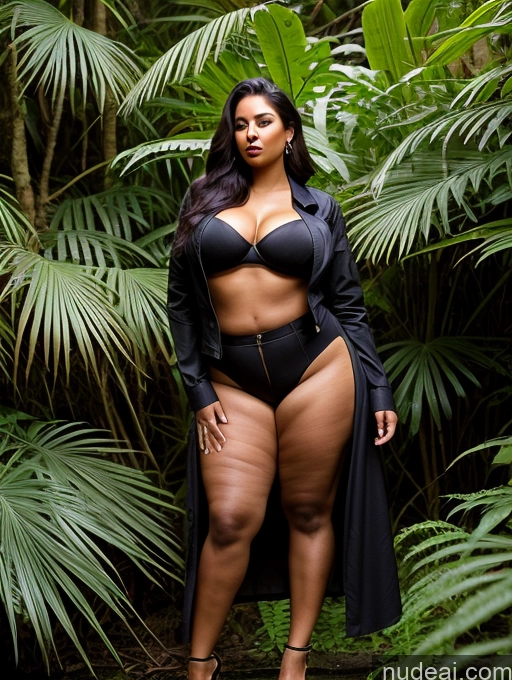 ai nude image of araffe woman in a black bikini and black coat posing in a jungle pics of Model Several Perfect Boobs Beautiful Big Ass Chubby Long Legs Perfect Body 30s Seductive Sexy Face Black Hair Long Hair Indian Bending Over Shirt Jacket Long Skirt Jungle