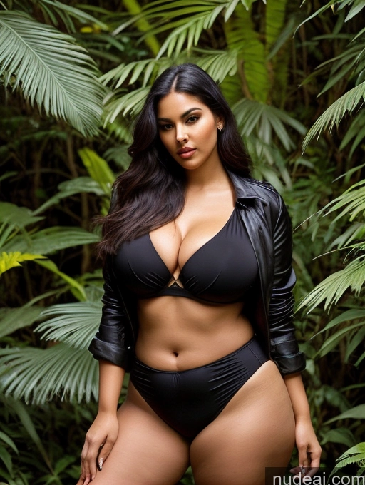 ai nude image of araffe woman in a black bikini and leather jacket posing in a jungle pics of Model Several Perfect Boobs Beautiful Big Ass Chubby Long Legs Perfect Body 30s Seductive Sexy Face Black Hair Long Hair Indian Bending Over Shirt Jacket Long Skirt Jungle