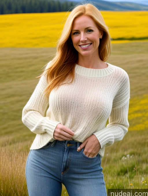 ai nude image of arafed woman in a white sweater and jeans standing in a field pics of Model One Perfect Boobs 40s Happy Long Hair Meadow Front View Jeans Fairer Skin Blonde Irish Sweater