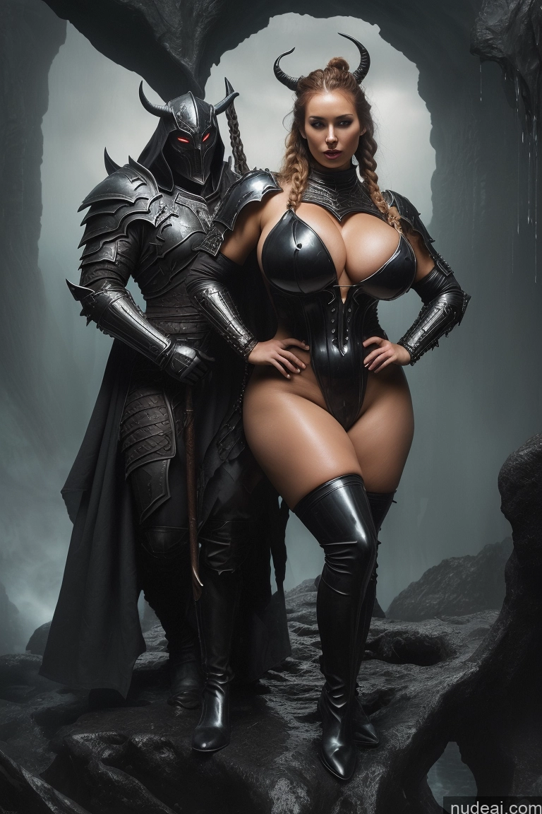 ai nude image of arafed woman in a black leather outfit and a horned man in a cave pics of Huge Boobs Big Ass Abs Fat Big Hips Long Legs Tall Fairer Skin Oiled Body Ginger Braided Fantasy Armor Detailed Death Knight Hell Surrealist French Woman + Man Several Chubby Thick 18 Seductive Complete Nude