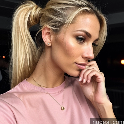 ai nude image of blond woman with ponytail in pink shirt looking at camera pics of Woman One Beautiful Skinny 20s Blonde Italian Ponytail Skin Detail (beta) Club Casual