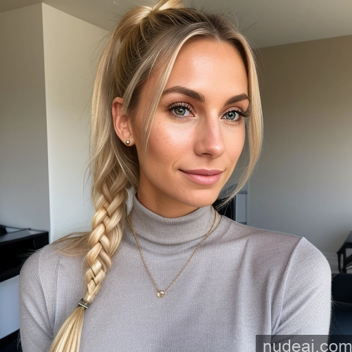 ai nude image of blond woman with long braid hair wearing a turtleneck sweater pics of Woman One Beautiful Skinny 20s Blonde Italian Ponytail Skin Detail (beta) Professor