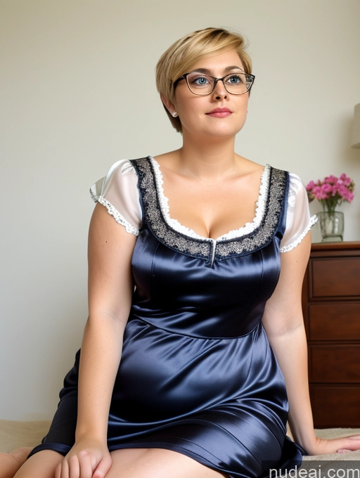 ai nude image of blond woman in blue dress sitting on bed with glasses on pics of Busty Glasses Bedroom Blouse Shirt Satin Secretary Cleavage Simple Blonde Short Hair Casual Nightgown Tunic Side View Czech Chubby Fat On Back Dirndl Short