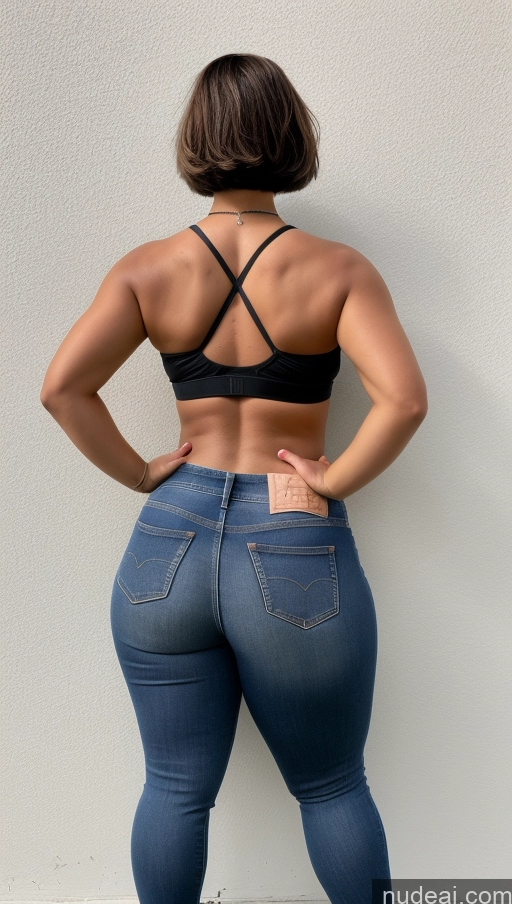 ai nude image of araffe woman in jeans and a bra top standing against a wall pics of Big Hips Big Ass Athlete Jeans Bobcut