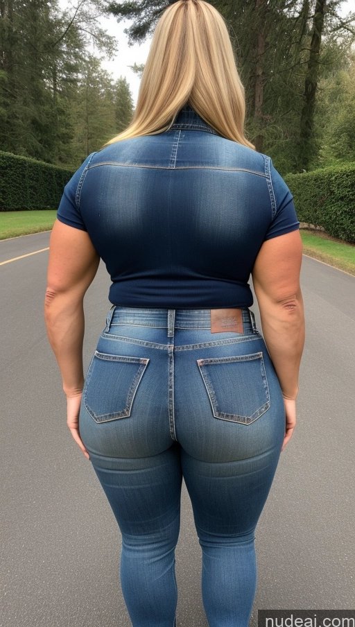 ai nude image of a woman in jeans is walking down the street with her back to the camera pics of Athlete Big Ass Big Hips Jeans Blonde 40s