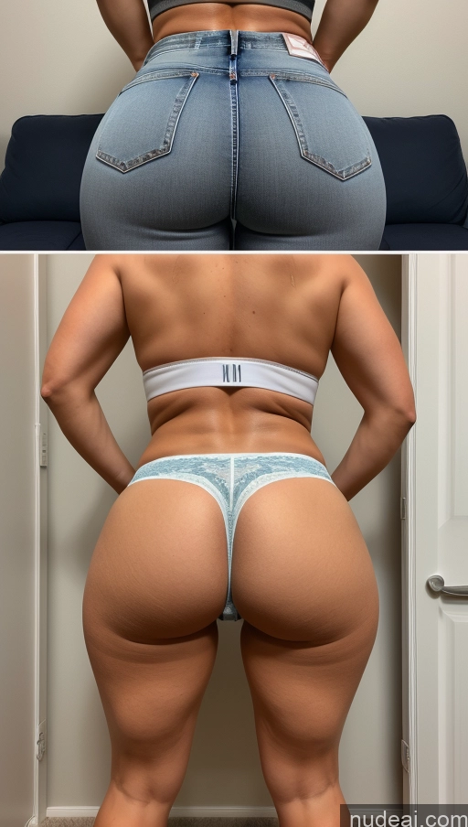 ai nude image of arafed woman in a white bra top and blue panties showing off her butt pics of Athlete Big Ass Big Hips Jeans Blonde 40s Panties