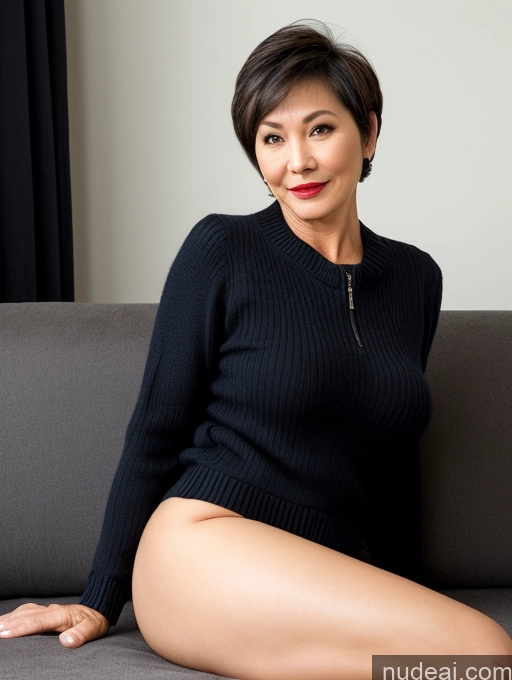 ai nude image of there is a woman sitting on a couch with a black sweater pics of Milf Perfect Boobs Lipstick Pubic Hair Couch 50s Sexy Face Short Hair Beautiful Sweater Stylish Professor Secretary Topless Dark Lighting Detailed Vietnamese