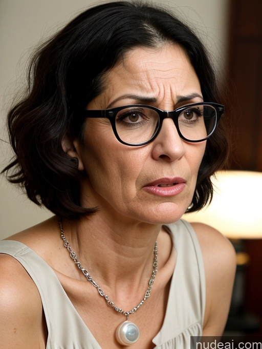 ai nude image of there is a woman with glasses and a necklace looking at something pics of Milf Glasses Busty Short Skinny Pregnant 50s Shocked Jewish Front View Dress Victorian Pearl Jewelry Serious Black Hair Angry Casual Short Hair