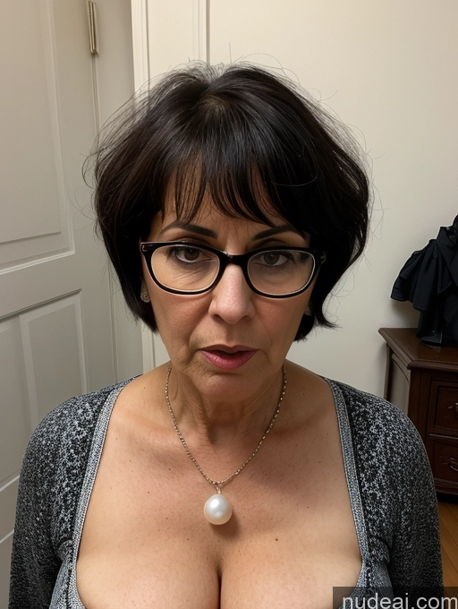 ai nude image of there is a woman with glasses and a necklace on her neck pics of Milf Glasses Busty Short Skinny Pregnant 50s Shocked Jewish Front View Dress Victorian Pearl Jewelry Serious Black Hair Angry Casual Short Hair