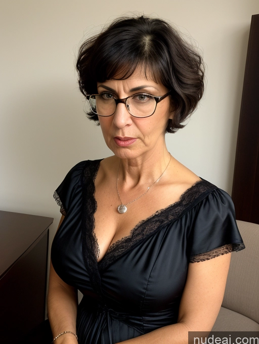 ai nude image of there is a woman in a black dress sitting on a couch pics of Milf Glasses Busty Short Skinny Pregnant 50s Shocked Jewish Front View Dress Victorian Pearl Jewelry Serious Black Hair Angry Casual Short Hair