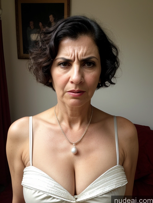 ai nude image of there is a woman in a bra top posing for a picture pics of Milf Busty Short Skinny Pregnant 50s Shocked Jewish Front View Dress Victorian Pearl Jewelry Serious Black Hair Angry Casual Short Hair