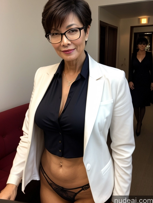 ai nude image of woman in black shirt and white blazer posing in office pics of Milf Perfect Boobs Beautiful Glasses Perfect Body 50s Pixie Chinese Party Blouse Bra Jacket Professor Secretary Stylish Suit Cleavage Partially Nude Dark Lighting Detailed