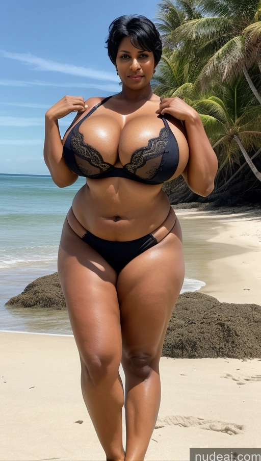 ai nude image of araffe woman in a black bikini posing on a beach pics of Milf Busty Beautiful Big Ass Big Hips Tall 50s Sexy Face Indian Front View T-pose Detailed Beach Perfect Body Pixie Abs Muscular Huge Boobs Bra Seductive Black Hair Long Skirt Dark Skin