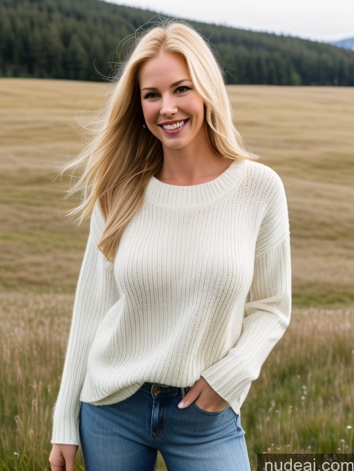 ai nude image of arafed woman in a white sweater and jeans standing in a field pics of Model One Perfect Boobs 40s Happy Blonde Long Hair Meadow Front View Jeans Russian Sweater Fairer Skin