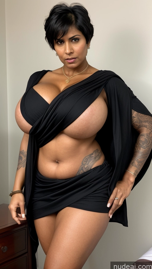 ai nude image of arafed woman in a black dress posing for a picture pics of Milf Busty Beautiful Big Ass Tall Sexy Face Indian Front View T-pose Detailed Perfect Body Abs Muscular Dark Skin Pixie Bedroom Tattoos Angry Huge Boobs 30s Black Hair Sari