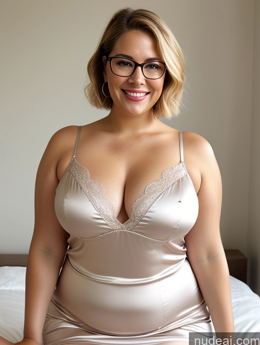 ai nude image of araffe woman in a satin dress and glasses sitting on a bed pics of Czech Blonde Glasses Fat Busty Short Bedroom Blouse Nightgown Dress Cleavage Transparent Simple 50s Skin Detail (beta) Big Hips Happy Sexy Face Chubby Thick Satin Bending Over Tall Pixie