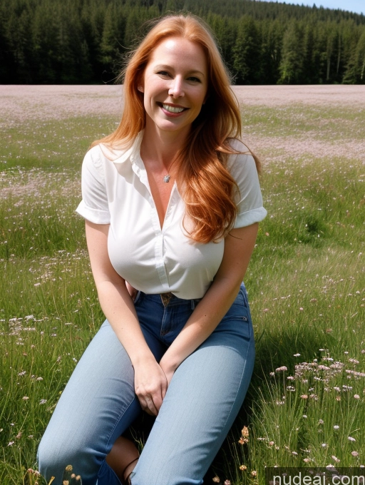 ai nude image of smiling woman sitting in a field of flowers in front of a forest pics of Model One Perfect Boobs 40s Happy Long Hair Meadow Front View Jeans Fairer Skin Ginger Boots Shirt Swedish