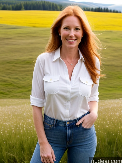 ai nude image of smiling woman in white shirt and jeans standing in field of grass pics of Model One Perfect Boobs 40s Happy Long Hair Meadow Front View Jeans Fairer Skin Ginger Shirt Swedish