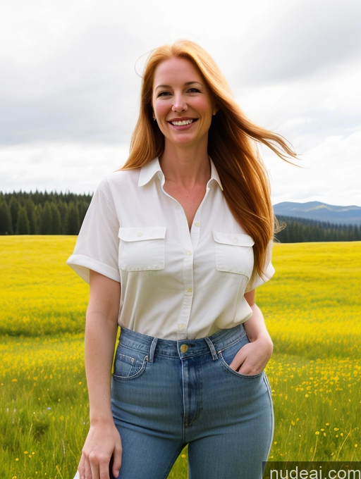 ai nude image of smiling woman in a field of yellow flowers with a white shirt pics of Model One Perfect Boobs 40s Happy Long Hair Meadow Front View Jeans Fairer Skin Ginger Shirt White