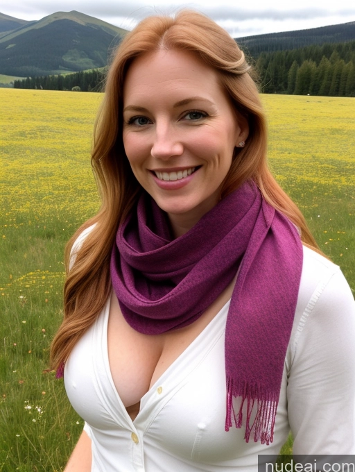 ai nude image of arafed woman with a purple scarf standing in a field pics of Model One Perfect Boobs 40s Happy Long Hair Meadow Front View Jeans Fairer Skin Ginger Russian Scarf