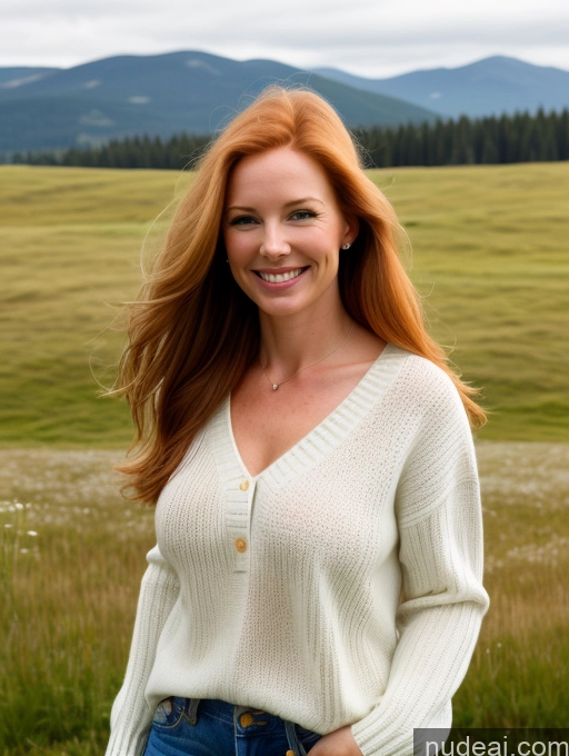 ai nude image of smiling woman in a field with mountains in the background pics of Model One Perfect Boobs 40s Happy Long Hair Meadow Front View Jeans Fairer Skin Ginger Russian Sweater