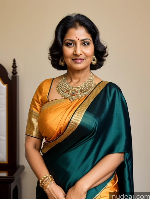 ai nude image of there is a woman in a green and gold sari posing for a picture pics of Busty 50s Black Hair Long Hair Indian Bedroom Close-up View Sari Traditional Simple Bright Lighting Milf