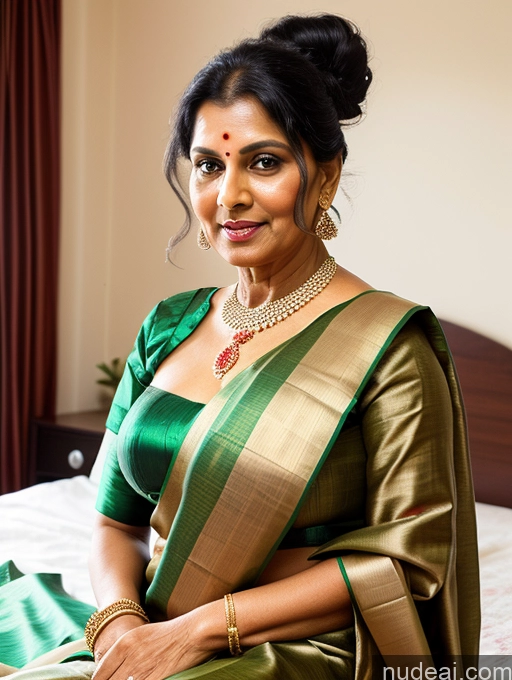 ai nude image of there is a woman sitting on a bed wearing a green and gold sari pics of Busty 50s Black Hair Indian Bedroom Close-up View Sari Traditional Milf Detailed Hair Bun