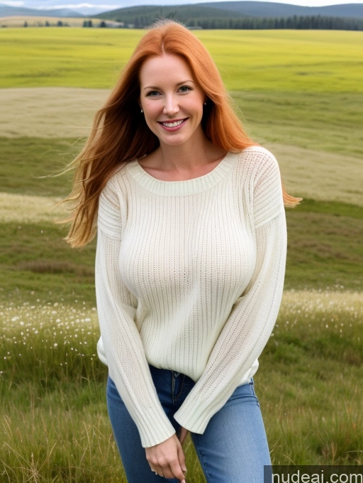 ai nude image of arafed woman in a white sweater and jeans standing in a field pics of Model One Perfect Boobs 40s Happy Long Hair Meadow Front View Jeans Fairer Skin Ginger Russian Sweater