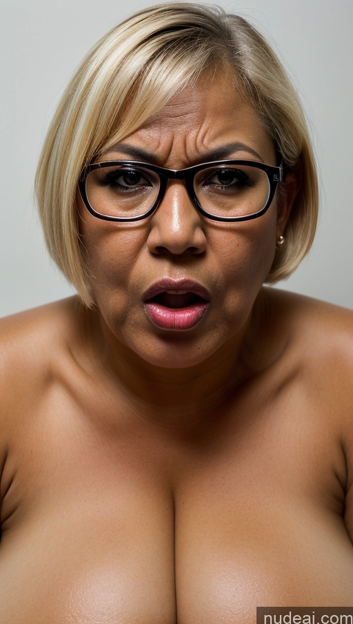 ai nude image of blond woman with glasses making a face with her mouth open pics of Huge Boobs Lipstick Glasses Fat Tanned Skin Oiled Body Big Ass Brazilian Casual Jeans Angry Shocked Ahegao Cleavage Dark Lighting Jewelry Milf 50s Transparent Blonde Short Hair Shirt Dark Skin Detailed Skin Detail (beta)