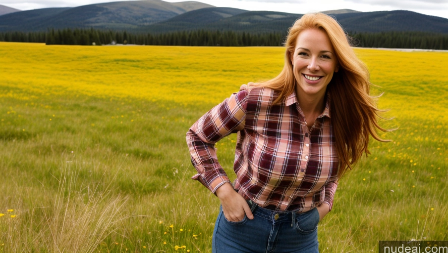 ai nude image of smiling woman in a field of yellow flowers with mountains in the background pics of One Perfect Boobs 40s Happy Long Hair Meadow Front View Jeans Fairer Skin Irish Blonde Model Lumberjack Shirt