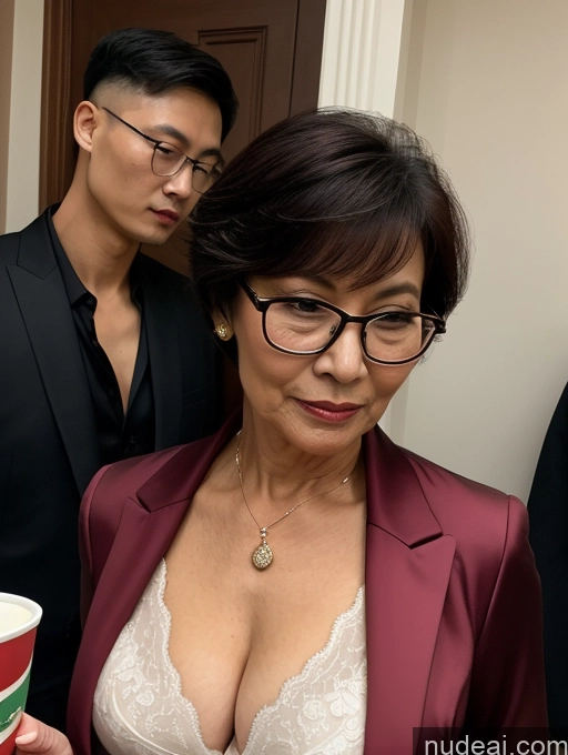 ai nude image of there is a woman in a bra top holding a cup of coffee pics of Milf Perfect Boobs Beautiful Glasses Perfect Body 70s Pixie Chinese Party Blouse Bra Jacket Stylish Suit Cleavage Dark Lighting Detailed