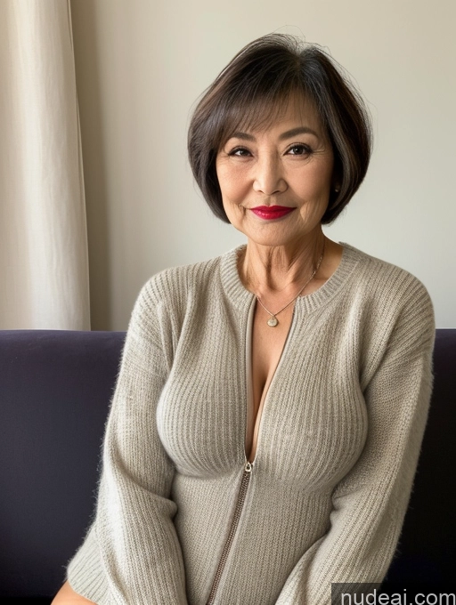 ai nude image of arafed woman sitting on a couch with a sweater on pics of Milf Perfect Boobs Beautiful Lipstick Perfect Body Pubic Hair Short Hair Couch Professor Secretary Stylish Sweater Topless Dark Lighting Detailed Sexy Face Japanese 80s