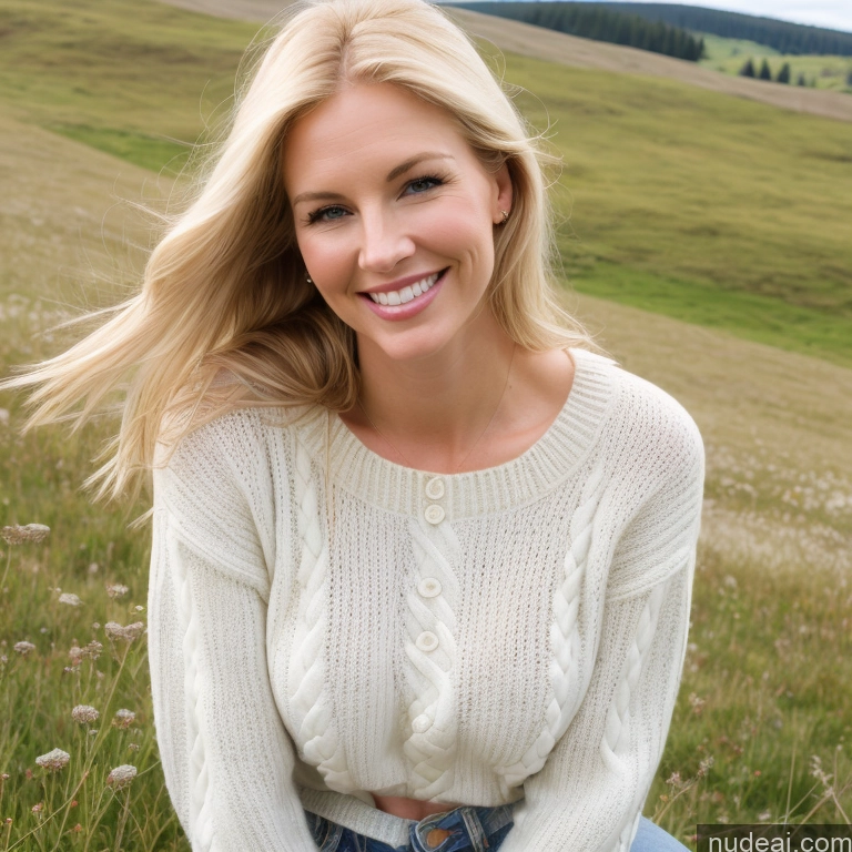 ai nude image of blonde woman sitting in a field of grass smiling at the camera pics of One Perfect Boobs 40s Happy Long Hair Meadow Front View Fairer Skin Model Russian Blonde Jeans Sweater