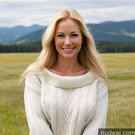 ai nude image of blonde woman in a white sweater standing in a field of grass pics of One Perfect Boobs 40s Happy Long Hair Meadow Front View Fairer Skin Model Russian Blonde Jeans Sweater