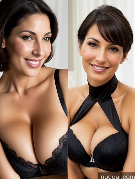 ai nude image of there are two pictures of a woman in a black bra pics of Bending Over Huge Boobs Tall Tanned Skin Bobcut Corset Push-up Bra Cleavage Black Hair Close-up View Jewish Milf 30s Two Happy Serious Sad Laughing Seductive Sexy Face