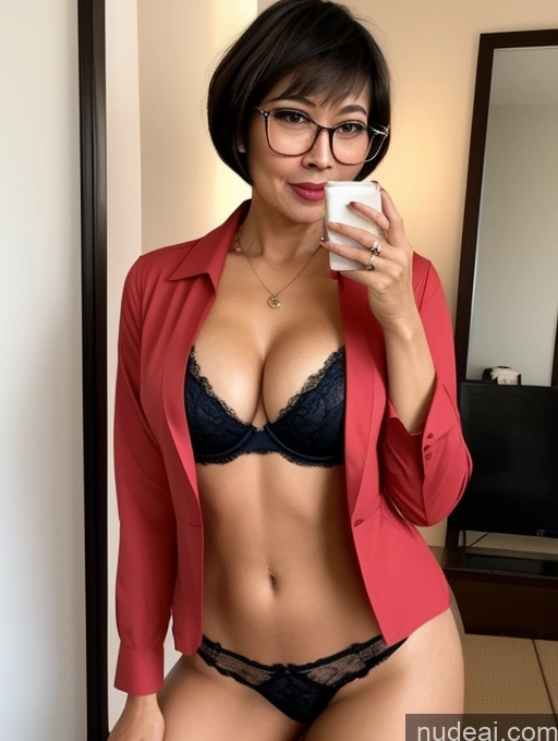 ai nude image of arafed woman in a red blazer taking a selfie in a mirror pics of Milf Several Perfect Boobs Beautiful Glasses Perfect Body Pubic Hair Short Hair 70s Japanese Party Blouse Bra Casual Jacket Professor Secretary Shirt Stylish Suit Cleavage Partially Nude Dark Lighting Detailed Sexy Face