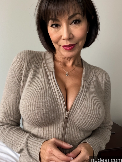 ai nude image of arafed woman in a tan sweater posing for a picture pics of Milf Beautiful Lipstick Perfect Body Pubic Hair Short Hair 60s Japanese Bedroom Professor Secretary Stylish Sweater Topless Dark Lighting Detailed Sexy Face Busty Blowjob