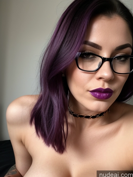 ai nude image of arafed woman with glasses and purple hair posing for a picture pics of Woman Perfect Boobs Beautiful Tattoos Lipstick Big Ass Big Hips Fairer Skin Ponytail Film Photo Bedroom Nude Glasses Busty Perfect Body Sexy Face Pouting Lips Purple Hair Close-up View Choker Fishnet Goth Blowjob