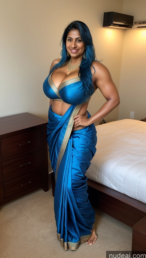 ai nude image of araffe woman in a blue sari posing in a bedroom pics of Woman Busty Beautiful Muscular Abs Big Ass Big Hips Tall Dark Skin 50s Sexy Face Straight Indian Bedroom Front View T-pose Detailed Thick Happy Huge Boobs Sari Blue Hair