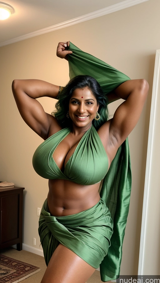 ai nude image of there is a woman in a green bikini posing for a picture pics of Woman Busty Beautiful Muscular Abs Big Ass Big Hips Tall Dark Skin 50s Sexy Face Straight Indian Bedroom Front View T-pose Detailed Happy Huge Boobs Sari Green Hair Perfect Body