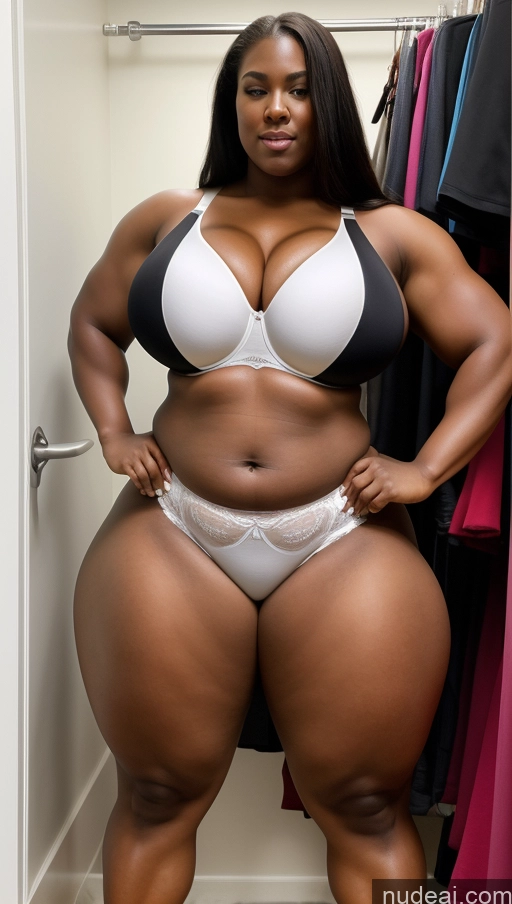 ai nude image of araffe woman in a white bra and black panties standing in a closet pics of Huge Boobs Muscular Big Ass Abs Chubby Fairer Skin Long Hair Black Changing Room Bra